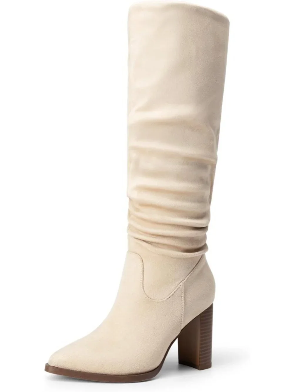 Women's Beige Faux Suede High Chunky Heel Pointed Toe Comfortable Knee High Boot